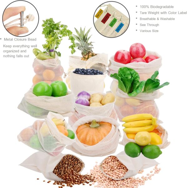 Reusable Produce Bags Grocery Washable - Cotton Organic Mesh Bags Muslin Bags with Drawstring Onion Bags - Image 2