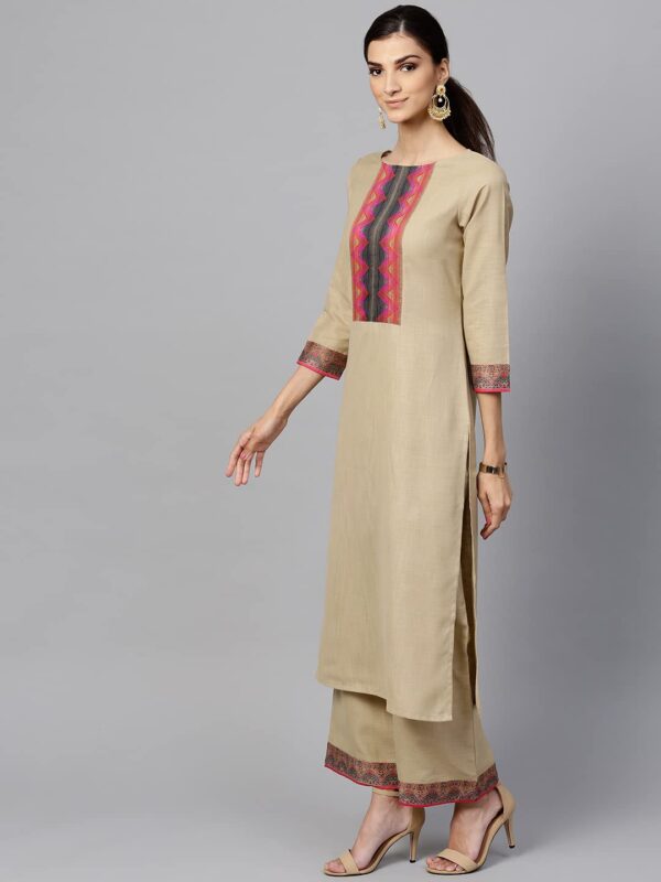 Pure Cotton Kurta with Pant & Dupatta Set for Women Beige - Image 2