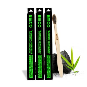 Bamboo Toothbrush with Ultra-Soft Charcoal activated Bristles, 100% Natural & Eco-Friendly (Pack of 3)