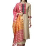 Pure Cotton Kurta with Pant & Dupatta Set for Women Beige