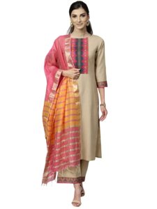 Pure Cotton Kurta with Pant & Dupatta Set for Women Beige