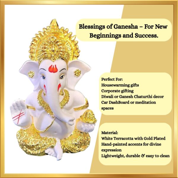 Gold Art India Gold Plated Ganesh Idol for Car Dashboard God Ganesha Idol for Home Decor Ganpati for Gift Home Office Table 3.5 Inches Gold White Mukut - Image 8