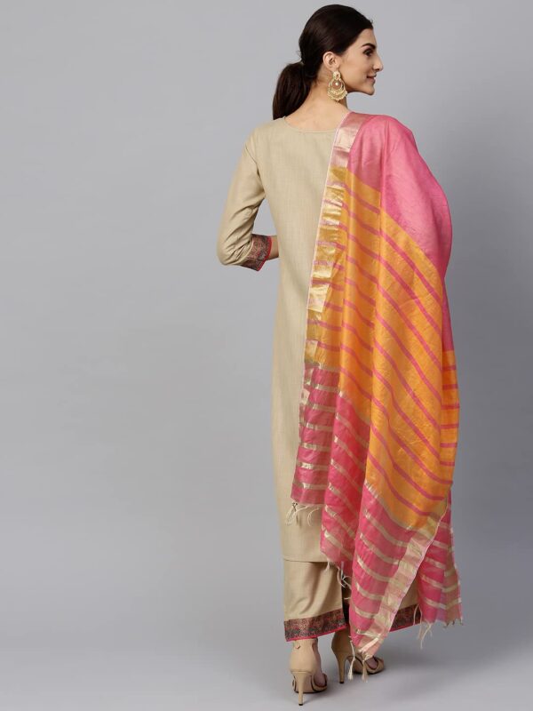 Pure Cotton Kurta with Pant & Dupatta Set for Women Beige - Image 3
