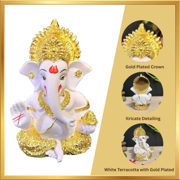 Gold Art India Gold Plated Ganesh Idol for Car Dashboard God Ganesha Idol for Home Decor Ganpati for Gift Home Office Table 3.5 Inches Gold White Mukut - Image 7
