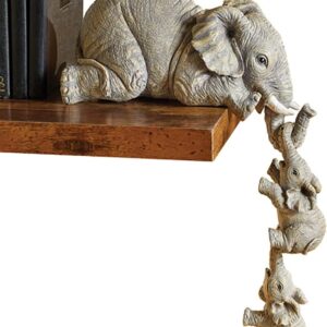 Realistic Elephant Sitter Hand-Painted Figurines, Mother and Two Babies Hanging Off The Edge of A Shelf Set of 3
