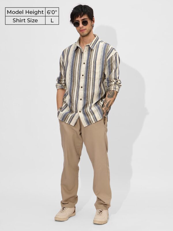 Stripes Cream, Blue Men and Boys Long Sleeves Collared Neck Button Front Regular Fit Textured Shirts - Image 2