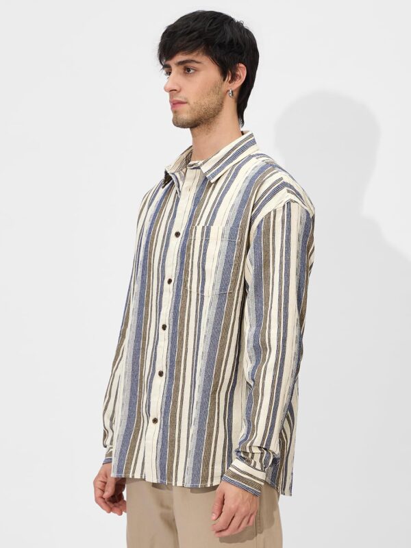 Stripes Cream, Blue Men and Boys Long Sleeves Collared Neck Button Front Regular Fit Textured Shirts - Image 3