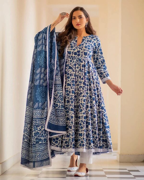 Women's Cotton Printed Blue Anarkali Kurta With Palazzo & Dupatta Set, Large - Image 3