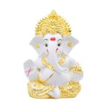 Gold Art India Gold Plated Ganesh Idol for Car Dashboard God Ganesha Idol for Home Decor Ganpati for Gift Home Office Table 3.5 Inches Gold White Mukut