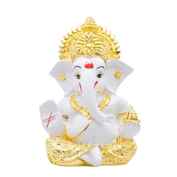 Gold Art India Gold Plated Ganesh Idol for Car Dashboard God Ganesha Idol for Home Decor Ganpati for Gift Home Office Table 3.5 Inches Gold White Mukut