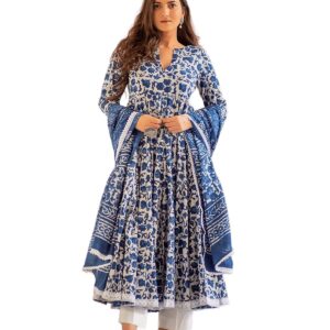 Women's Cotton Printed Blue Anarkali Kurta With Palazzo & Dupatta Set, Large
