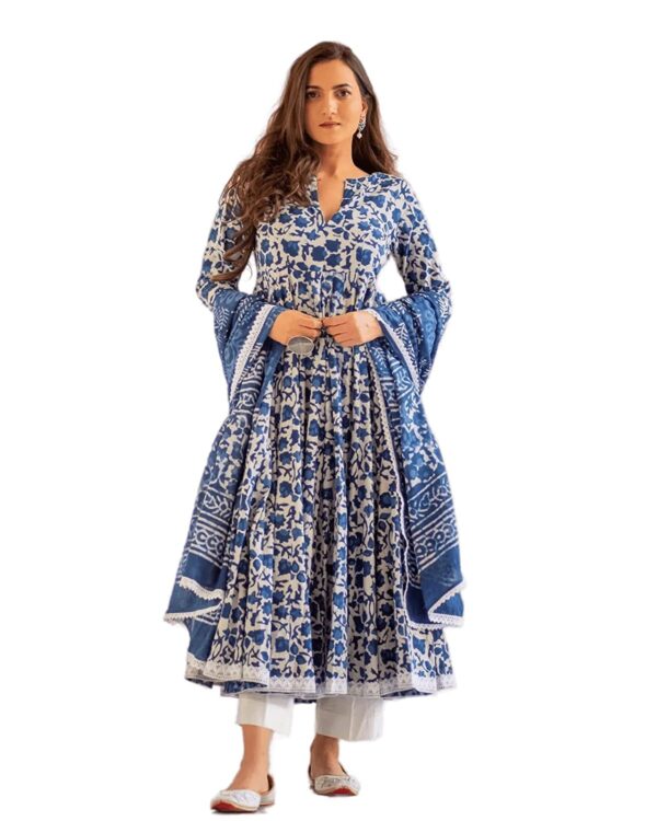 Women's Cotton Printed Blue Anarkali Kurta With Palazzo & Dupatta Set, Large