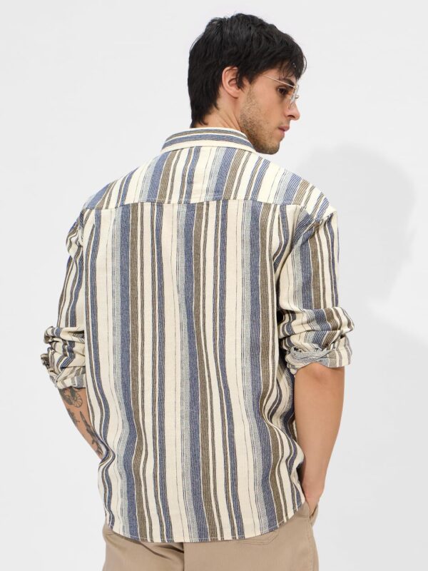 Stripes Cream, Blue Men and Boys Long Sleeves Collared Neck Button Front Regular Fit Textured Shirts - Image 4
