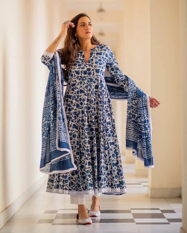 Women's Cotton Printed Blue Anarkali Kurta With Palazzo & Dupatta Set, Large - Image 2