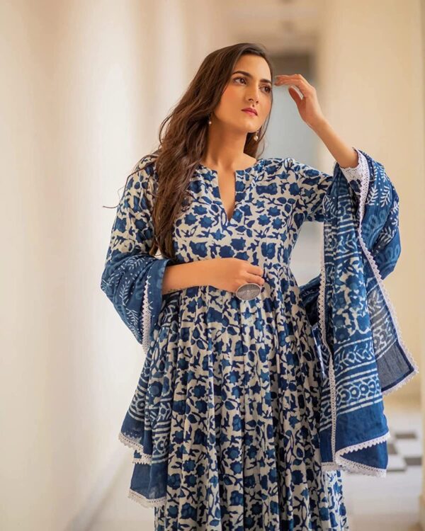 Women's Cotton Printed Blue Anarkali Kurta With Palazzo & Dupatta Set, Large - Image 4