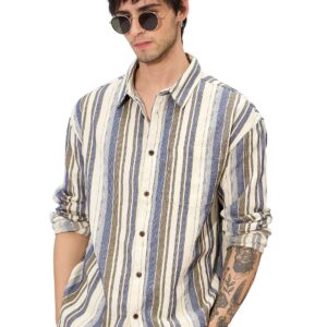Stripes Cream, Blue Men and Boys Long Sleeves Collared Neck Button Front Regular Fit Textured Shirts