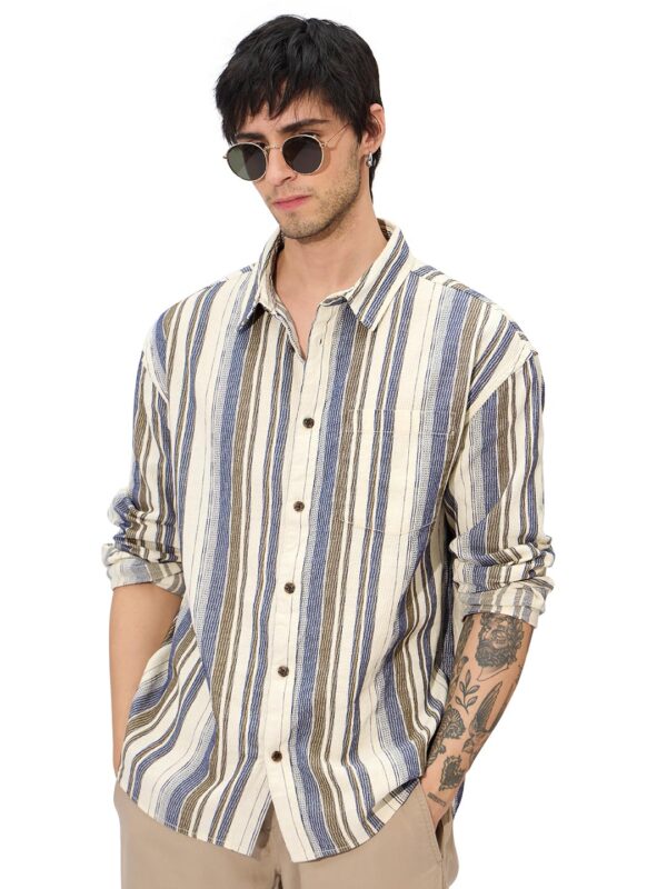 Stripes Cream, Blue Men and Boys Long Sleeves Collared Neck Button Front Regular Fit Textured Shirts