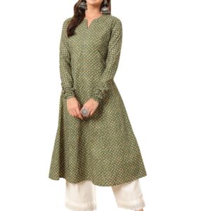 Women's Floral Printed Green Cotton A-Line Kurta