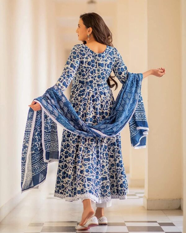 Women's Cotton Printed Blue Anarkali Kurta With Palazzo & Dupatta Set, Large - Image 5