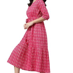 Pure Cotton Woven Design Tiered Dress Pink L