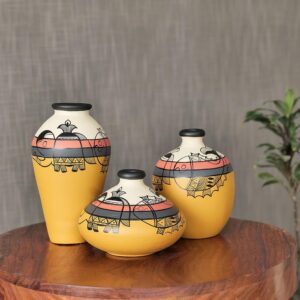 Terracotta Flower Vase ‘Madhubani Jungle’ Yellow Handpainted, Terracotta Decorative for Home Decor