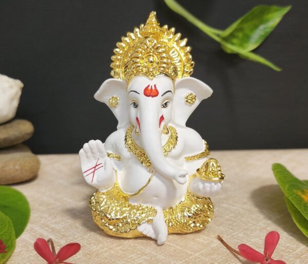 Gold Art India Gold Plated Ganesh Idol for Car Dashboard God Ganesha Idol for Home Decor Ganpati for Gift Home Office Table 3.5 Inches Gold White Mukut - Image 3