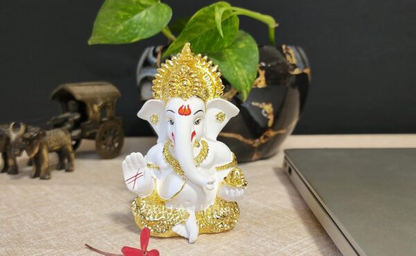 Gold Art India Gold Plated Ganesh Idol for Car Dashboard God Ganesha Idol for Home Decor Ganpati for Gift Home Office Table 3.5 Inches Gold White Mukut - Image 6