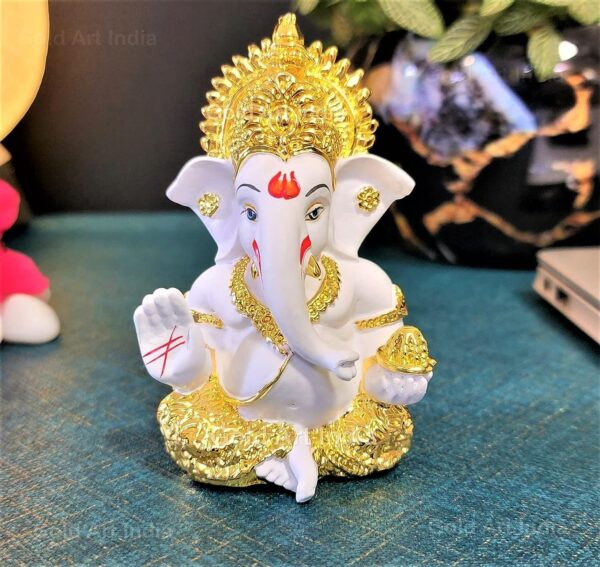 Gold Art India Gold Plated Ganesh Idol for Car Dashboard God Ganesha Idol for Home Decor Ganpati for Gift Home Office Table 3.5 Inches Gold White Mukut - Image 2