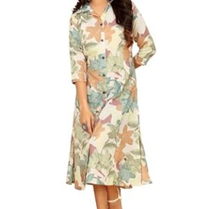 One Piece Dress for Women Dresses for Women Western Rayon Floral  | Stylish Flared Roll Tab Sleeve | Knee Length Midi Maxi Dress | Wear as Beach, Party Light Green