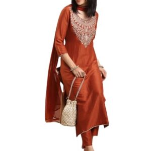 Rayon Blend Straight Embroidered Kurta with Pant & Dupatta (GALPATIYO Mustard-GS_S_Mustard_Small) at Shopsyday.com