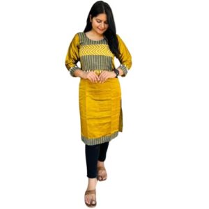 Kurta Women's Mushroo Silk Solid Regular Fit Round Neck 3/4 Sleeves | Musturd | M