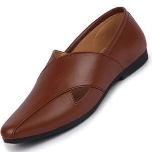 Men's Ethnic Criss Cross Slip On Juttis and Mojaris for Wedding|Party|Occasions|Fashion|Stylish|Outdoor|Indoor|Lightweight|Shoes with Anti Skid Sole (Tan, Numeric_9)  Shopsyday.com: Men Footwear