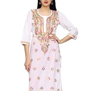 Lucknowi Chikankari Hand Embroidered Straight Fit White Cotton Kurta Kurti Tunic for Women A207576 (3XL)