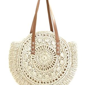 Shoulder Bag Womens Straw Wicker Handmade Boho Summer Beach Round  (Beige-Flower)