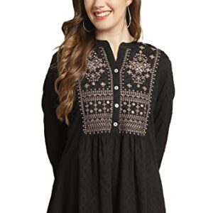 Pistaa's Women's Cotton Embroidered Flare Style Short Regular Fit Kurti (Small, Black)  Shopsyday.com: Women Clothing