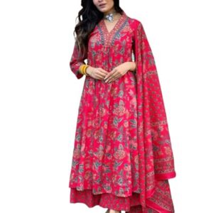 Anarkali Kurta with Palazzo & Dupatta Women's Rayon Viscose Printed (CIA Pink-GS_XXL_Pink_XX-Large)
