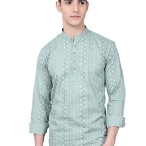 Buy Man Cotton Printed Designer Short Slim Fit Kurta For Men (X-Large, Pista Green) at Shopsyday.com