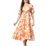 Women's Floral Printed Cotton Fit and Flare Below The Knee Dress (Drsorangekinnu36_Orange,S)