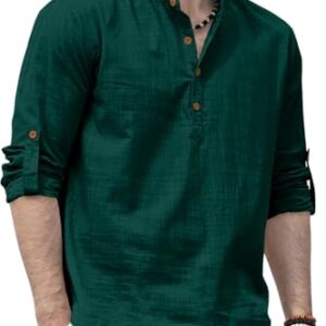 Kurta Shirt Men's Solid Cotton Blend Straight, Regular Fit Full Sleeve Short Kurta Shirt Green