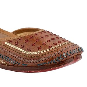 Punjabi Jutti Women's Traditional Ethnic Walnut Coffee, Leather Flat Comfortable (Size UK7, Tan)