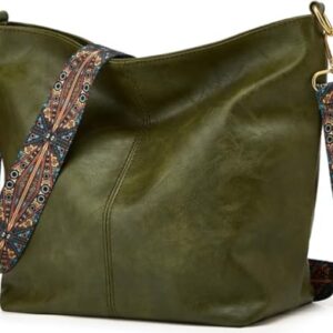 Sling Bag for Women Girls with Wide Bohemian Guitar Strap Small Hobo Shoulder Bags For Work, Travel Vegan Leather Retro Fashion Crossbody Bag Ladies Purses with Zipper Handbags for Women (Green)