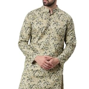 Buy Majestic Man Cotton Mandarin Collar Ethnic Motifs Printed Regular Fit Long Kurta For Men (Beige, Large) at Shopsyday.com