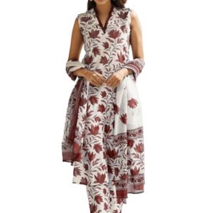 Kurta Pant Dupatta Set Women's Printed Cotton Blend Sleeveless V-Neck | Stylish Indo-Western Kurti for Wedding, Festive, Office or Formal & Casual Summer Wear (SHZ1432_Brown_M)