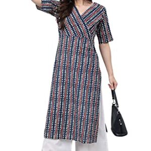 Women's Navy Blue Pure Cotton Geometric Straight Kurta(JNE4016-KR-S)