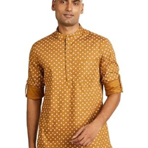Men's Cotton Printed Kurta (Short) (SYMETHSKUR-8_Beige & White_Large) at Shopsyday.com