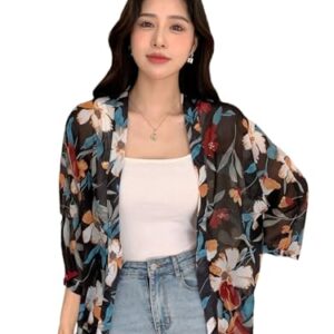 Women's Front Open Floral Printed Shrug Top Regular Fit (Shrug-5148-Black-M)