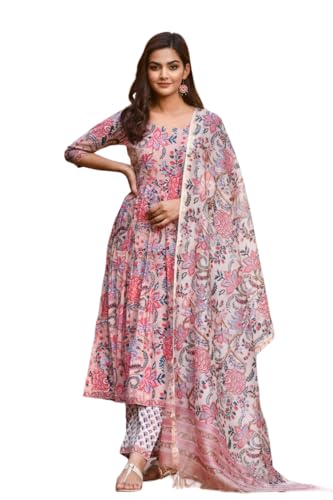 Women's Trendy Printed Cotton Blend Straight Kurta Pant Dupatta Set |AZ-LM-OG-KS2092-L Peach at Shopsyday.com
