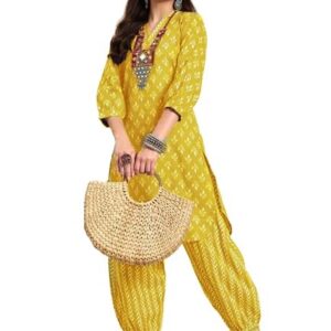 Buy Women's Trendy Printed Cotton Blend Straight Kurta and Afghani Pant Set Perfect For Casual and Office Wear (AZ-LM-OG-KS2070 MUSTARD-XL) at Shopsyday.com