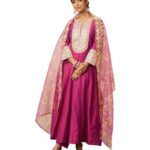 Women's Embroidered Anarkali Kurta Pant Set with Organza Dupatta | Viscose,Rayon | A-line fit (AW24-MYX-SKD-VN-03_Rani Pink_S) at Shopsyday.com