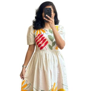 Women Floral Print Cotton Midi Dress, Short Sleeve, White with Yellow and Red Flowers, A-Line Fit (Alpha, L, White)